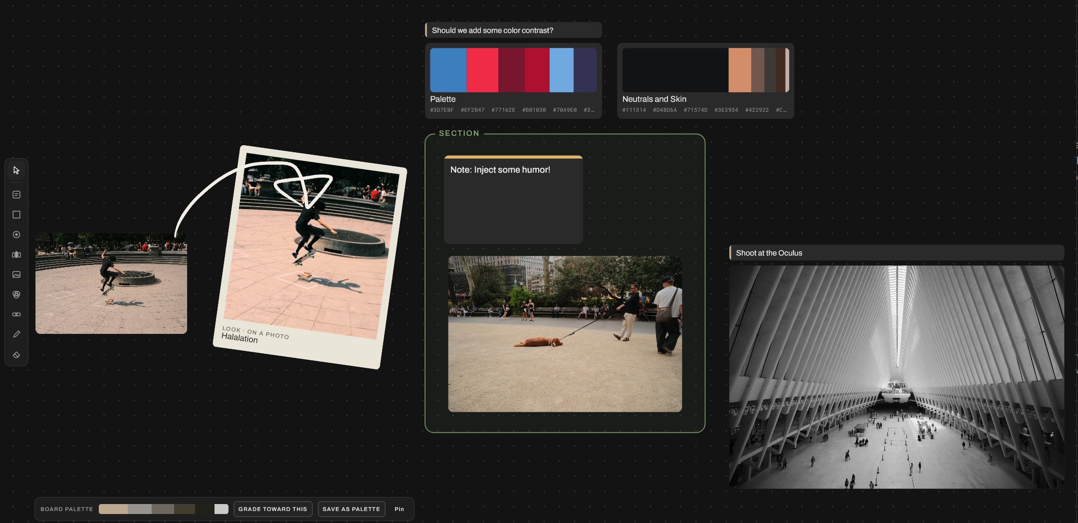 A board called Sunday's Shoot: two palettes, a note asking to inject some humor, reference photos of a skateboarder and a dog in a park, a Look tried on one photo as a print, and a black and white shot of the Oculus.