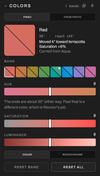 The Colors panel with the Red band selected, showing hue, saturation, and luminance sliders.