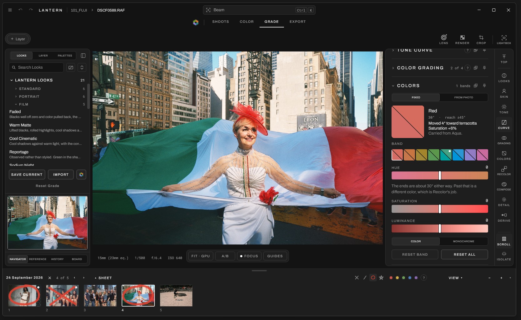 Lantern's Grade workspace: a street portrait in the center, Lantern Looks on the left, the Colors panel on the right, and grease pencil marks on the film strip below.