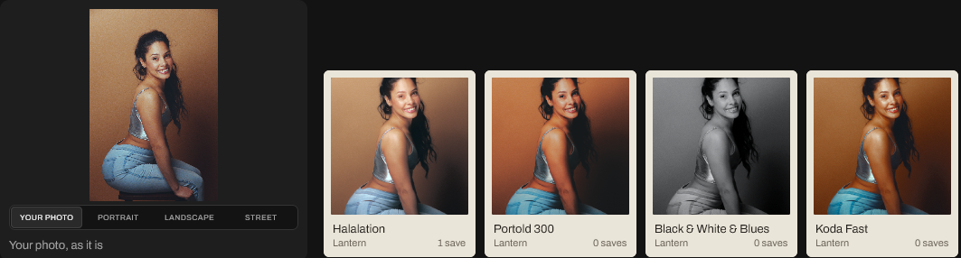 Your photo, a studio portrait, beside four Look cards from the Lab, each showing that portrait graded with a different Look, with its name, its maker, and how many people saved it.