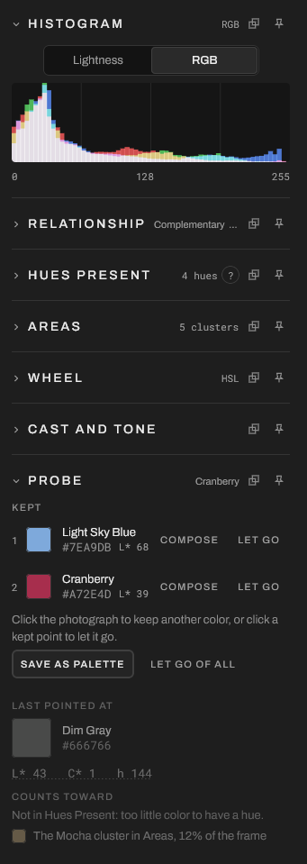 The reading panel: histogram, relationship marked complementary, four hues, five areas, and two kept probe colors, Light Sky Blue and Cranberry.